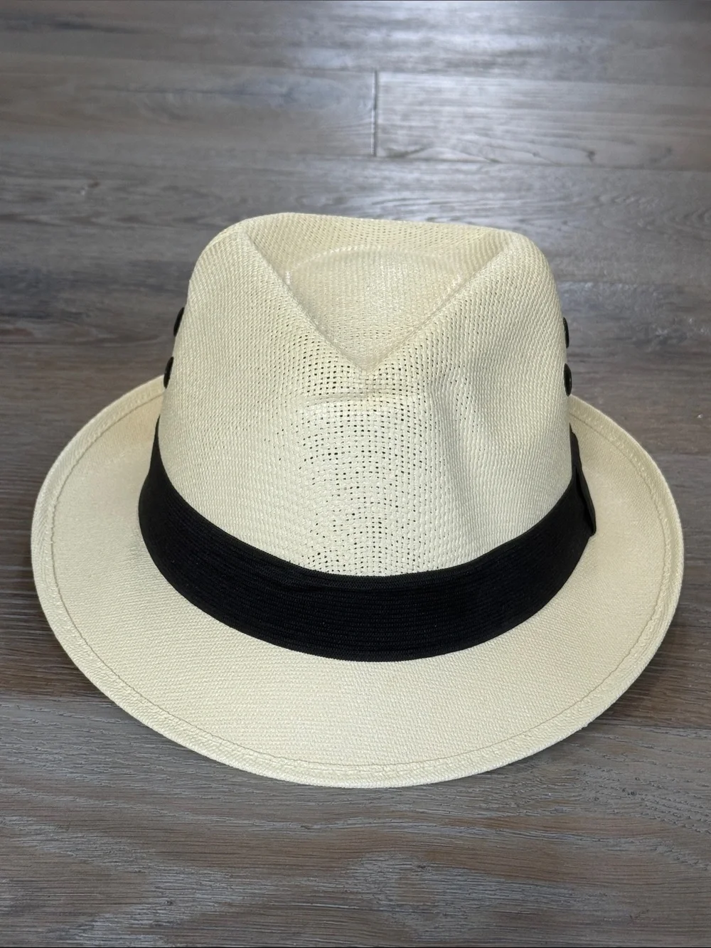 Unisex Breathable Cream Fedora with Black Band, 4 Vents, Elastic Inside Band
